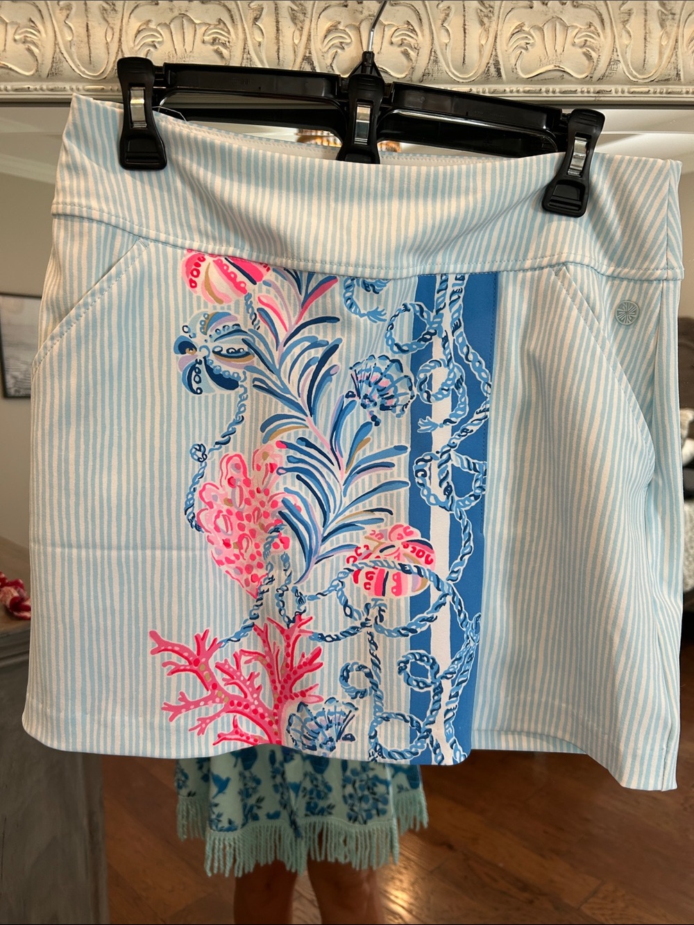 Lilly Pulitzer Light Blue Striped skort  with Pink Coral Print